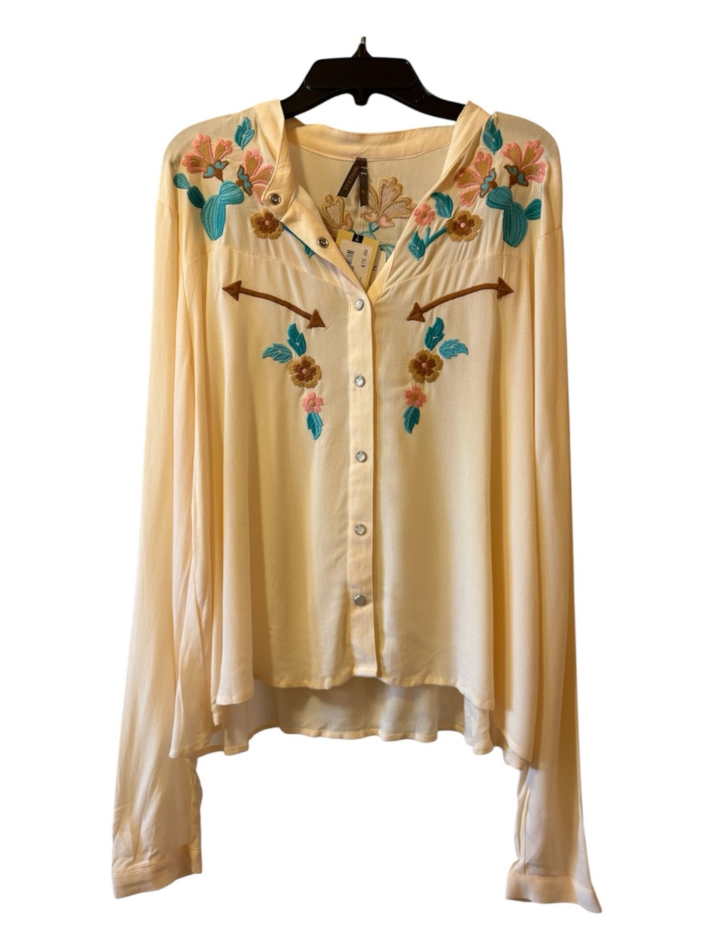 NWT Stetson Cream Button-Front Western Blouse with Teal & Pink Embroidery